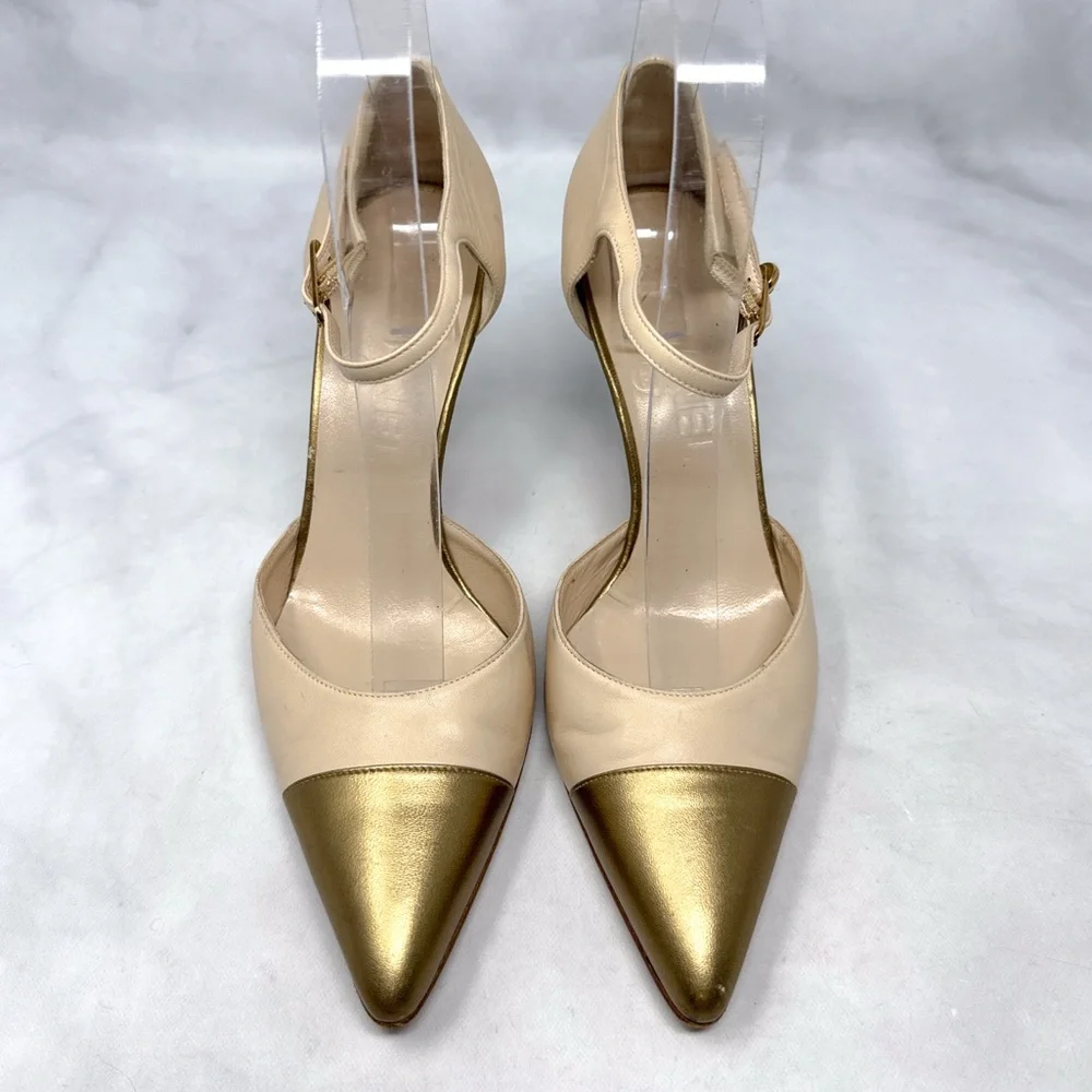 CHANEL CC Vintage 90s Y2K leather Cap Toe Mid Height Heels Pumps Gold Retro 38